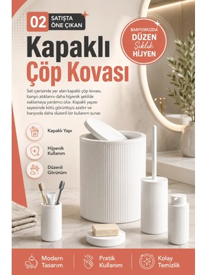BYZM Çizgili Desenli Beyaz 5 Parça Banyo Seti Sıvı Sabunluk Sabunluk ve Diş Fırçalık