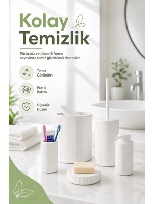 BYZM 5 Parça Beyaz Banyo Seti Diş Fırçalık Çöp Kovası Sabunluk Sıvı Sabunluk Tuvalet Fırçası