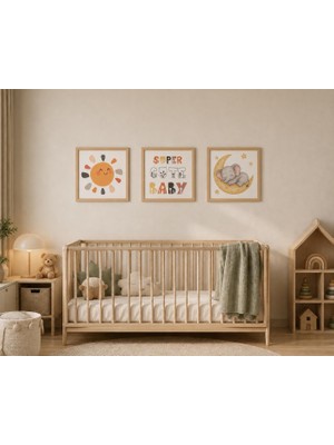 Nes Baby Home 3’lü Bebek Odası Tablo Seti | Beyaz & Natürel Ahşap Çerçeve Seçenekli | Maceracı Sevimli Hayvan Dostları Duvar Dekoru
