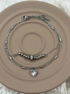 Fm 💎 Premium Parlak Gümüş Çift Zincirli Şık Kalp Detaylı 316L Çelik Kadın Halhal (25cm)
