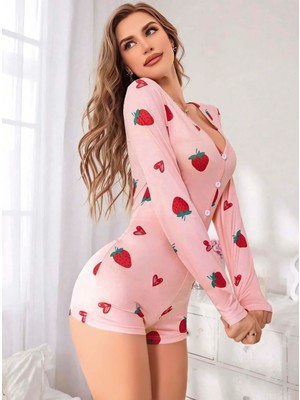 Elitse Kadın Pembe Çilek Desenli Pijama Tulumu 5125