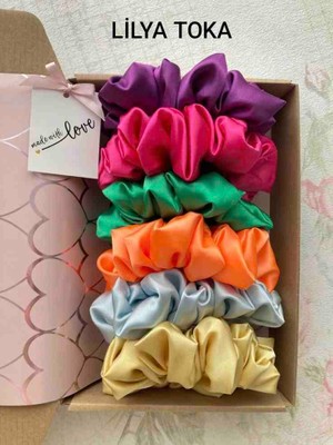 Lilya Toka Kadın 6lı Çapı 15 cm Saten Saç Lastik Simit Scrunchie Toka Seti