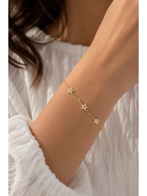 Fm 💎 Premium Parlak Gold Renk Üçlü Yıldız Figürlü Zirkon Taş Detaylı Şık Kadın Bijuteri Bileklik (22cm) 💎
