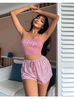 Elitse Kadın Pembe Çizgili Desen Askılı Şortlu Pijama Takım 5002