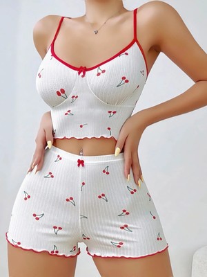 Elitse Kadın Vişne Desenli Dantel Askılı Şortlu Pijama Takımı 5193