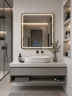 Akay Dizayn Banyo Aynası - AYN01 - Kare LED Işıklı,bluetooth, Buhar Önleyici Isıtıcılı