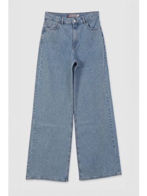 Markapia Kadın Açık Mavi Modest Wide Leg Taşlı Jean Pantolon