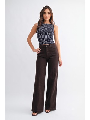 Markapia Kadın Kahverengi Geniş Paça Wide Leg Jean Pantolon