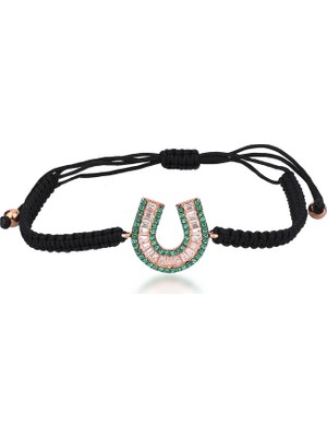 Emiliano Jewellery Zirkon Taşlı Pırlanta Montür Rose Altın Kaplama Siyah Ipli At Nalı Gümüş Makrome Bileklik