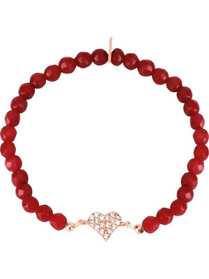 Emiliano Jewellery Zirkon Taşlı Rose Altın Kaplama Kırmızı Boncuklu Kalp Desenli Gümüş Strech Bileklik