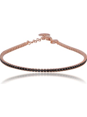 Emiliano Jewellery Siyah Zirkon Taşlı Rose Altın Kaplamalı Su Yolu Gümüş Bileklik