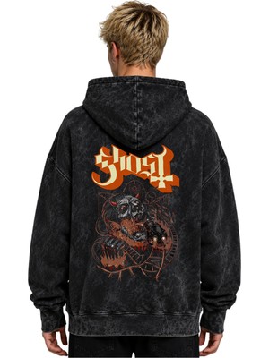 Sevbano Ghost Rock Metal Müzik Grubu Baskılı Unisex Oversize Yıkamalı Hoodie Sweatshirt