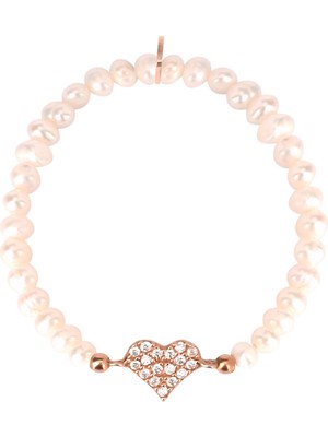 Emiliano Jewellery Zirkon Taşlı Rose Altın Kaplama Incili Kalp Desenli Gümüş Strech Bileklik