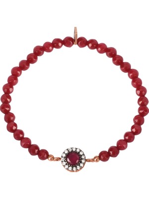 Emiliano Jewellery Zirkon Taşlı Rose Altın Kaplama Kırmızı Boncuklu Yuvarlak Gümüş Strech Bileklik