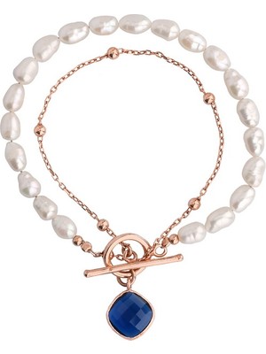 Emiliano Jewellery Zirkon Taşlı Rose Altın Kaplamalı Incili Gümüş Bileklik