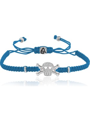 Emiliano Jewellery Zirkon Taşlı Petrol Mavisi Ipli Kuru Kafa Gümüş Makrome Bileklik