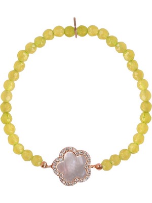 Emiliano Jewellery Zirkon Taşlı Rose Altın Kaplama Yonca Desenli Sarı Boncuklu Strech Gümüş Bileklik