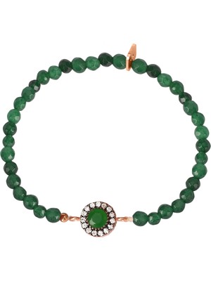 Emiliano Jewellery Zirkon Taşlı Rose Altın Kaplama Yeşil Boncuklu Yuvarlak Gümüş Strech Bileklik