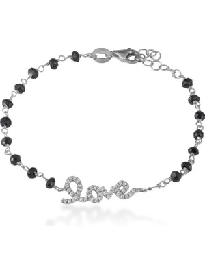 Emiliano Jewellery Zirkon Taşlı Gümüş Kaplamalı Labradorit Boncuklu Love Yazılı Gümüş Bileklik