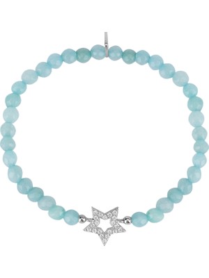 Emiliano Jewellery Zirkon Taşlı Gümüş Rengi Kaplama Boncuklu Yıldız Desenli Strech Gümüş Bileklik