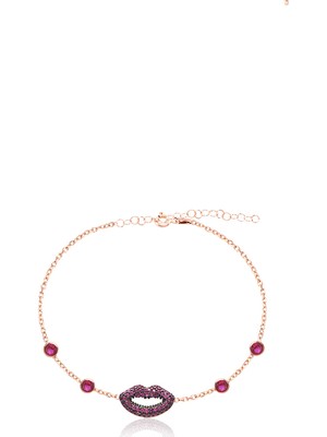 Emiliano Jewellery Kırmızı Zirkon Taşlı Rose Altın Kaplamalı Dudak Desenli Gümüş Bileklik