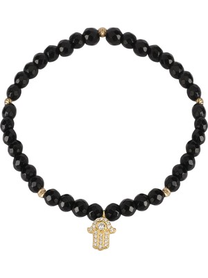 Emiliano Jewellery Zirkon Taşlı Altın Kaplama Siyah Boncuklu El Strech Gümüş Bileklik