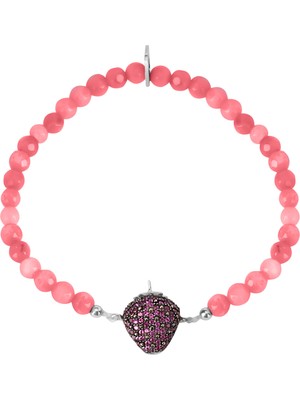 Emiliano Jewellery Zirkon Taşlı Gümüş Rengi Kaplama Pembe Boncuklu Çilekli Strech Gümüş Bileklik