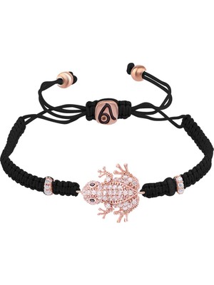 Emiliano Jewellery Zirkon Taşlı Pırlanta Montür Rose Altın Kaplama Siyah Ipli Kurbağa Gümüş Makrome