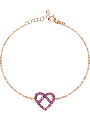 Emiliano Jewellery Kırmızı Taşlı Rose Altın Kaplama Kalp Gümüş Bileklik