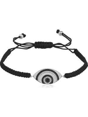 Emiliano Jewellery Zirkon Taşlı Pırlanta Montür Gümüş Rengi Altın Kaplama Siyah Ipli Göz Desenli Gümüş Makrome Bileklik