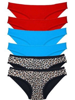 Elitse 6 Adet Likralı Kadın Slip Külot Leopar Kırmızı Mavi