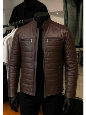 Moda Erkek Kahverengi Fermuarlı Cepli Hakiki Kuzu Derisi Şişme Deri Ceket Mont