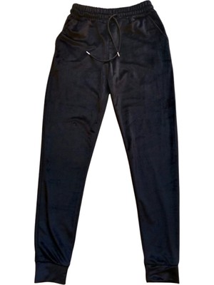 Elitse Parlak Kadife Cepli Pantolon Eşofman Pijama Altı Unisex Lastikli Paça Siyah