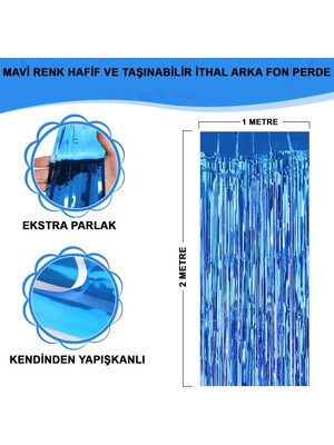 Elitse Mavi Renk Ekstra Metalize Parlak Saçaklı Arka Fon Perde Ithal A Kalite 1x2 Metre