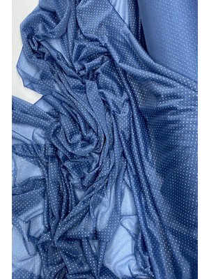 Elitse Yağmur Damlası Simli Abiye Elbise Şallık Tül Kumaş Indigo Mavi 89