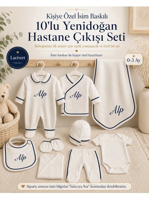 Emsera Atelier Kişiye Özel Isim Baskılı Biyeli 10'lu Yenidoğan Hastane Çıkışı Seti 0-3 Ay