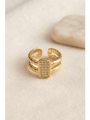 Ozkr Store Clariss Parallel Luxury Zirkon Taşlı Gold Renk Yüzük