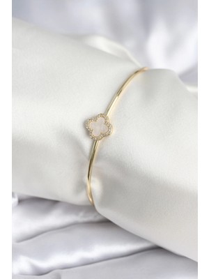 Hace Bazaar Beyaz Sedefli Yonca Model Gold Renk Kadın Bileklik - TJ-BB8005
