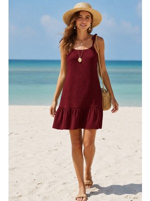 Uravas Store Kadın Bordo Askılı Bol Kesim Fırfırlı Plaj Elbisesi H110412