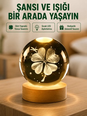 Renas Store Yonca Figürlü Cam Küre USB Işıklı Ahşap Tabanlı Dekoratif Masa Lambası