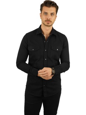 Etikmen Siyah Slimfit Hediye Kutulu Gerçek Kot Erkek Gömlek M