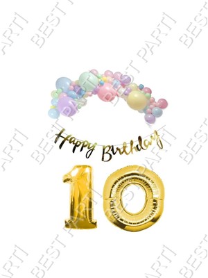 Hero Happy Bırthday Yazılı Kaligrafi Banner Makaron Balon Seti 10 Yaş Gold Set Doğum Günü