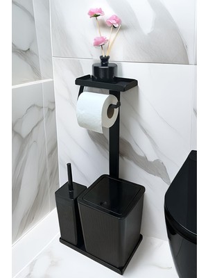 Egza 3'ü 1 Arada Banyo Seti Tuvalet Kağıtlık, Çöp Kovası ve Tuvalet Fırça Takımı Set Çizgili (Siyah)