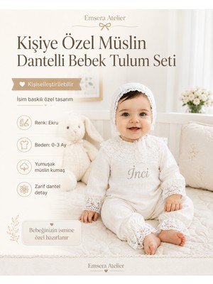 Emsera Atelier Kişiye Özel Isimli Müslin Dantelli Bebek Tulum Seti Ekru