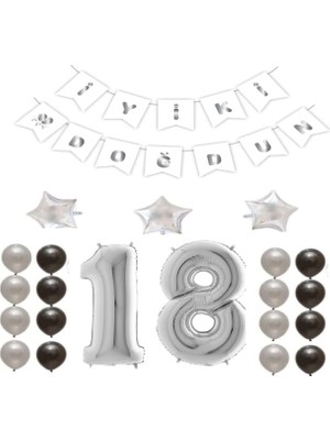 Hero Iyiki Doğdun Yazılı 18 Yaş Gümüş Renk Doğum Günü Parti Seti (Renkli)
