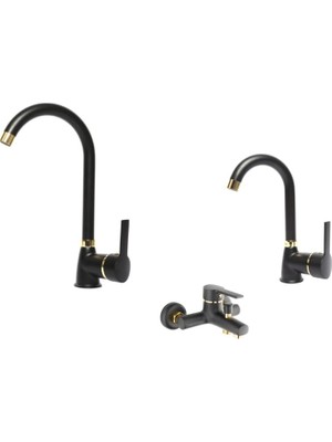 Faumix Faumıx Gold Altın Siyah Banyo Lavabo Mutfak Bataryası Musluğu Çeşmesi 3'lü Set