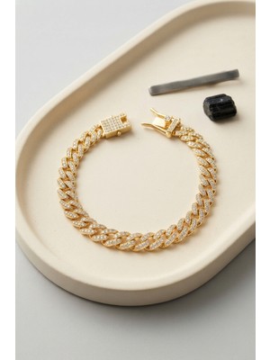 Renas Store Gold Renk Zirkon Taşlı Cuban Zincir Model Klips Kapamalı Erkek Bileklik TJ-EB3819