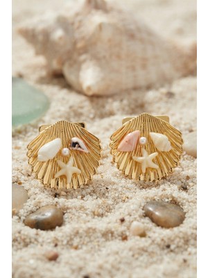 Renas Store Gold Renk Deniz Kabuğu Deniz Yıldızı ve Pembe Taş Detaylı Küpe TJ-BKP12013