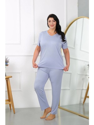 Hace Bazaar Kadın Büyük Beden Kısa Kol Penye Pijama Takımı Lila