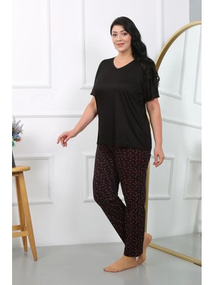 Hace Bazaar Kadın Büyük Beden Kısa Kol Penye Pijama Takımı Siyah